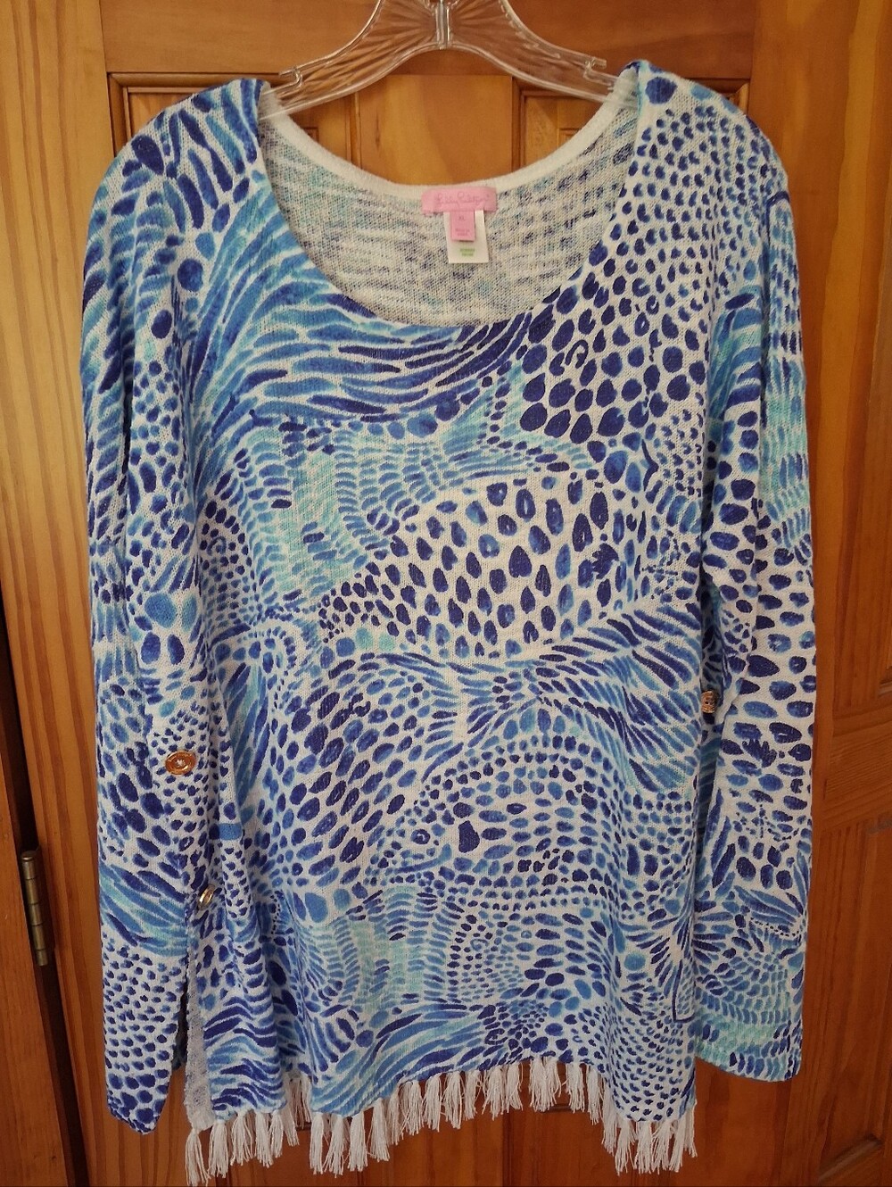 Lilly Pulitzer Ramona "Blue Tang Gang" Sweater Fringe Long Sleeves XL EUC